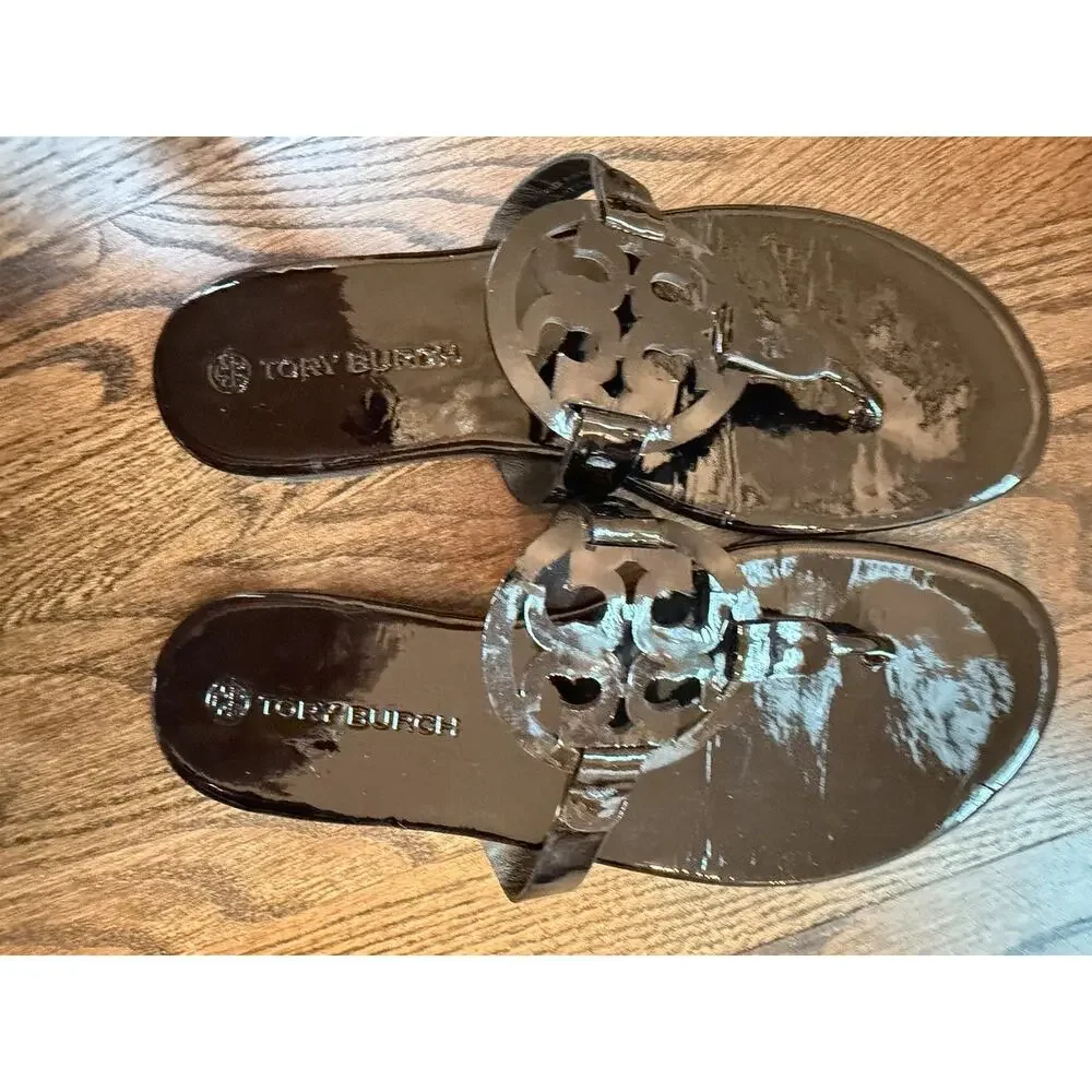 Tory Burch Miller Thong Sandal Women's Sz 9.5 Black patent Leather